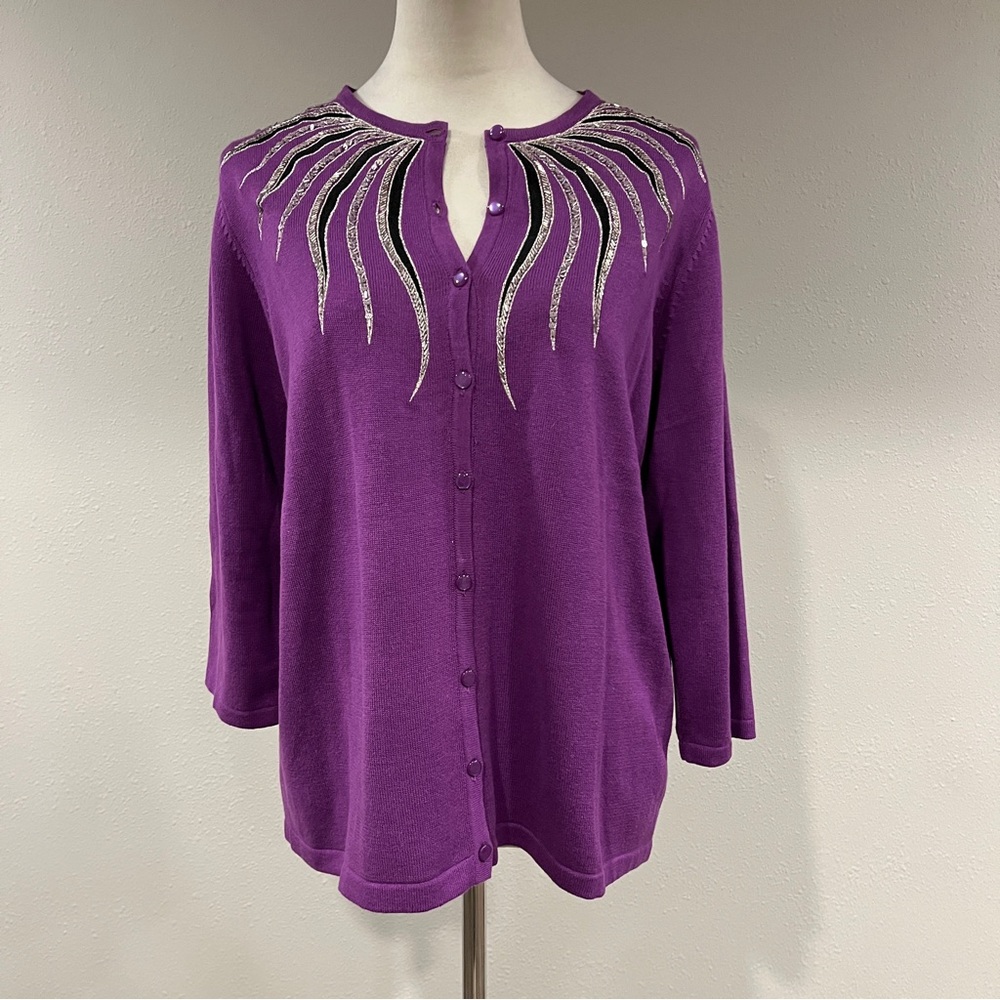 Bob Mackie Purple beads Embellished Button-Front Cardigan